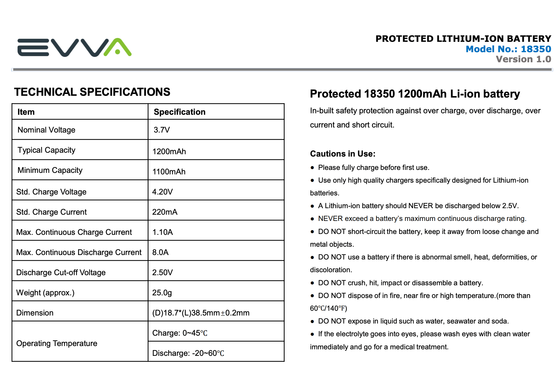 EVVA Protected 18350 1200mAh Li-ion battery - Image 2